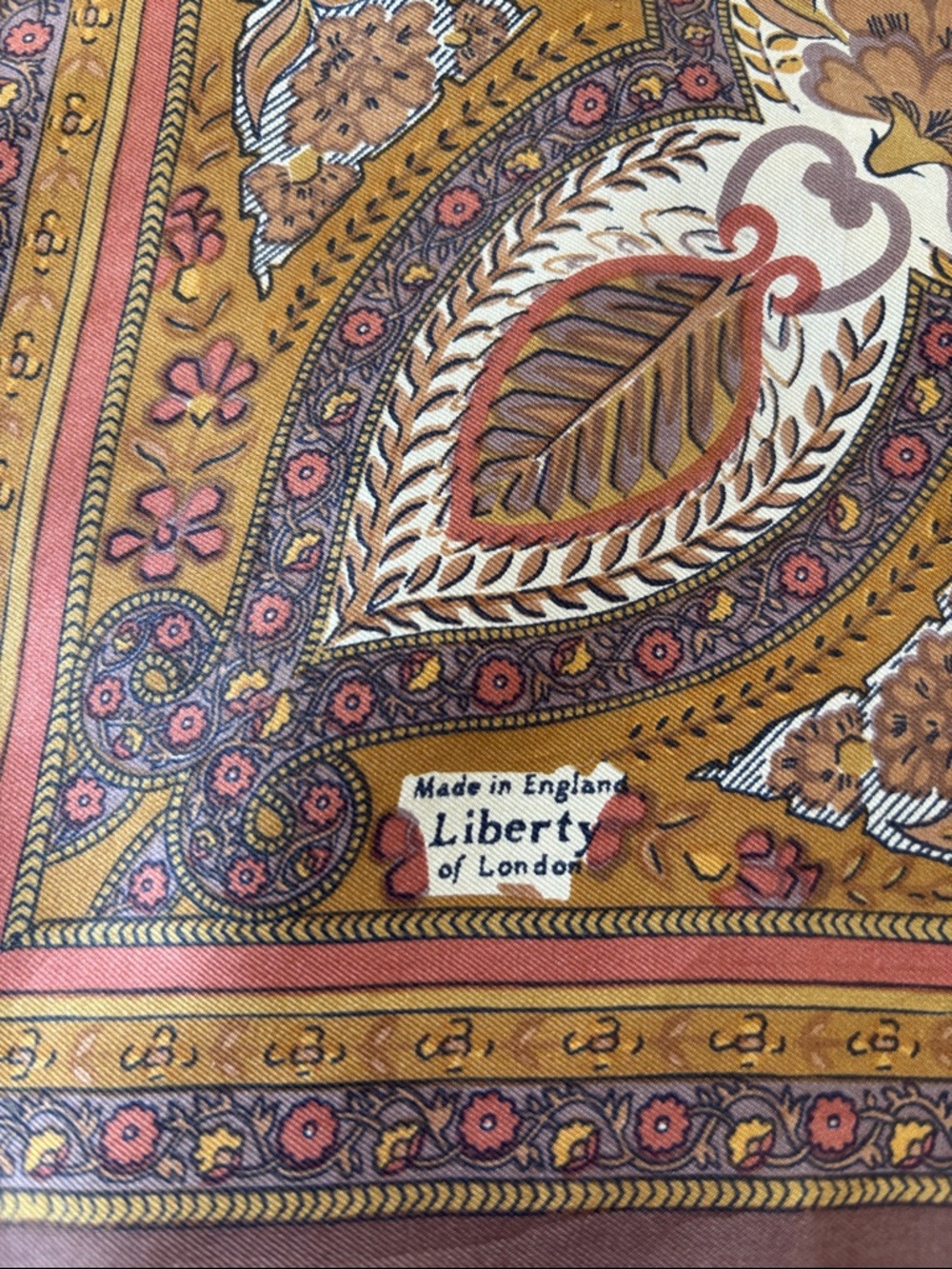 Vintage Liberty of London scarf, mustard/brown/cream, silk blend, 23.5x22.5